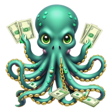Intimidating octopus with pearl black skin, neon suction cups. Evil glaring eyes. Wearing a thick gold chain. 3 tentacles are holding their own cellphone, 2 other tentacles are holding stacks of money sticker
