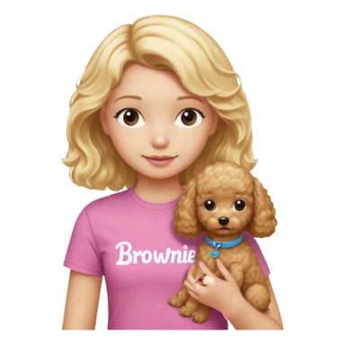 hazme un emoji que sea una niña rubi con el pelo ondulado i una camiseta rosa que ponga brownie, i acariciando a un perro (caniche toy) sticker