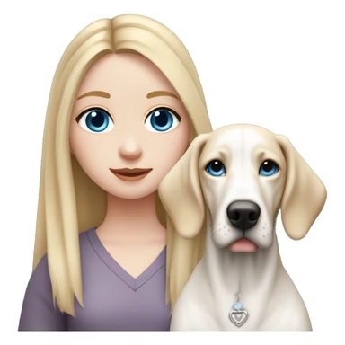 pale skin girl with blue eyes with long blonde hair that has a flower in her hair  holding a English pointer mixed with a lab dog breed the dog also has a flower in its hair sticker