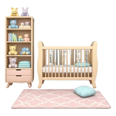 baby room, Crib beside toy shelf and rug sticker