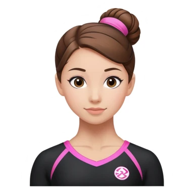 A female gymnast with brown hair in a neat bun, wearing a black uniform with pink elements. sticker