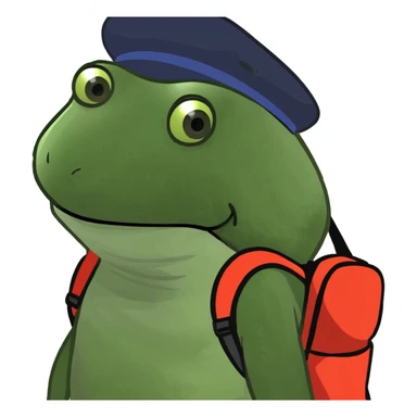 bufo frog hiking in the mountains, wearing a backpack and hat sticker