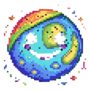 vibrant multicolored planet with bright spots and a happy smiling face sticker
