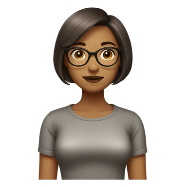 A woman with a fair, round face, large eyes, and a small mouth. She wears glasses and has a cute, shoulder-length bob haircut in brown sticker