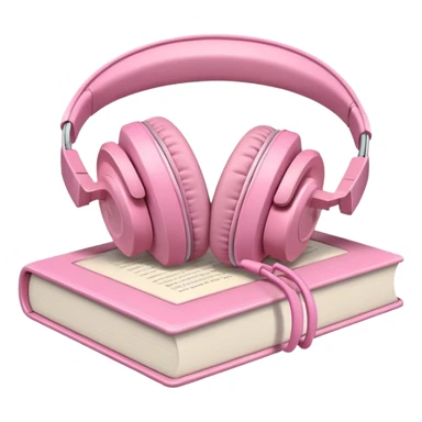  pink pair of modern headphones resting on top of a closed book, soft shadows, realistic style, calm and cozy mood, isolated on transparent background sticker