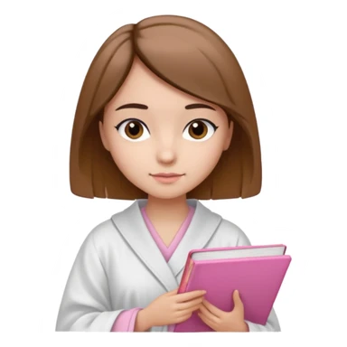 Девушка с короткими волосами до плеч русого цвета, с черными бровями, карие глаза, у неё белый халат, в руках она держит розовую книгу sticker