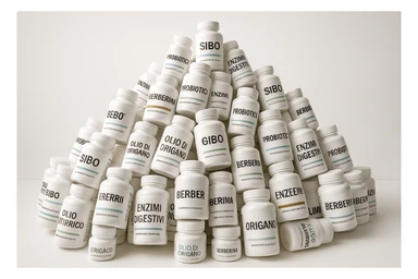 montagna di barattoli di integratori contro la SIBO con etichette in italiano sticker