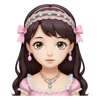 Gorgeous spectacular epic realistic mature anime-styled smooth soft shiny romantic pastel anime style lady with blushing cheeks, with a lace-maiden-headband, long beautiful luscious stylish hair, big pretty eyes, dark-brown hair, colorful pastel Lolita dress, necklaces, jewels sticker