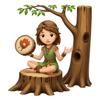 forest spirit girl with short brown mullet playing hand drum, sitting on tree stump sticker