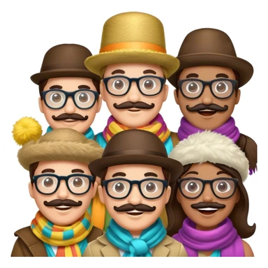 people wearing fun party costumes, mustaches, big glasses, boas scarves, funny hats, having fun  sticker