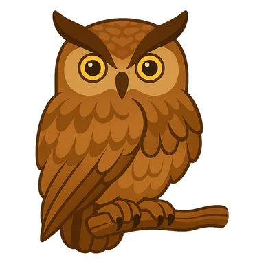 Create a vector color illustration of the owl as shown in the references. Use clear contours and flat color fills without gradients, but include well-crafted shadows and highlights to give volume. The detailing should be above average, with natural brown and beige tones and expressive yellow eyes. The style is modern vector graphics, not primitive and not photorealistic, with a refined and detailed look. sticker