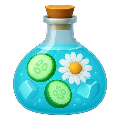 Edit the bottle in the same shape as the reference image. The liquid inside should be color #6fdef1. Inside the bottle, include cucumber slices, more ice cubes than before, and a chamomile flower. The style should resemble apple emoji style with concise and clean details. sticker