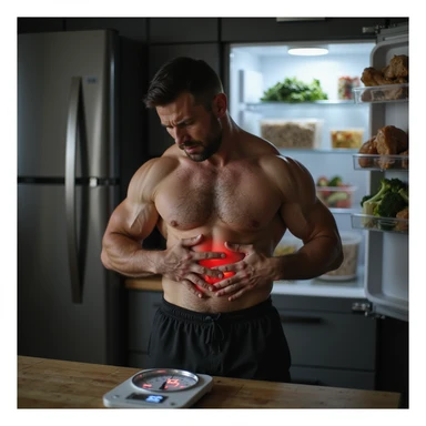 hyperrealistic 4K image of a man in athletic gear doubled over in pain holding his stomach next to a digital scale showing '75kg', open fridge with meal-prep containers of chicken, rice, broccoli in the background sticker