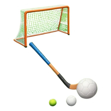 A field hockey stick and ball resting on a well-maintained green grass field, with the goalposts and markings visible in the background. The scene highlights the precision and focus of the grass facture, with the vibrant green pitch creating a dynamic atmosphere. sticker