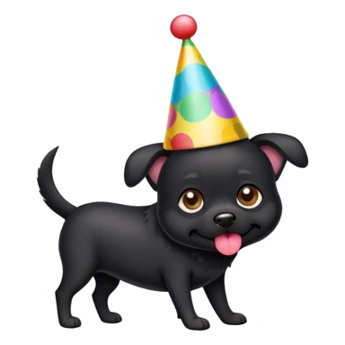 Small black dog wearing a party hat sticker