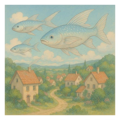 ghibli style flying fish above a village, serene, detailed, pastel colors sticker