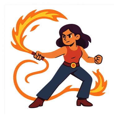 flat toon style woman with a fire whip, bold colors sticker