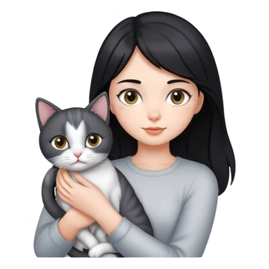 A black-haired girl holding a silver-colored cat sticker