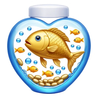 Golden omega-3 fish oil capsule with small fish swimming around it, blue liquid waves, brain and heart benefits visualization sticker