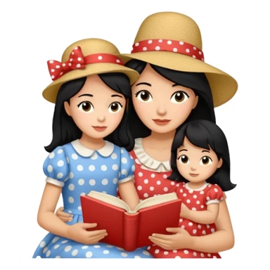 A black hair mother in a ribboned hat wearing polka dot dress reading a storybook to her child. sticker