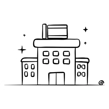 Hospital building with Thai flag on top, medical symbol, simple line drawing sticker