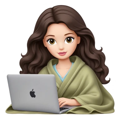 Barbie girl with a long wavy dark brown hair inside a pale olive blanket working macbook  sticker