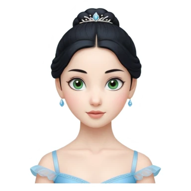Cinematic Realistic ballerina Medium Blue Portrait, depicted with lifelike skin texture, subtle rosy undertones, and soft natural lighting that enhances the gentle contours of her face. Her intricately detailed sweet black hair is elegantly styled, green eyes sticker