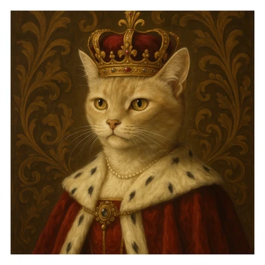 queen cat, elegant cat with royal cape and crown, dignified expression, ornate background sticker