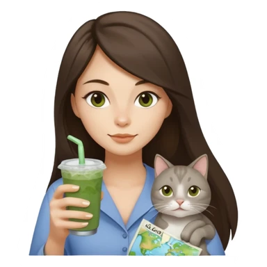 a brunette woman with long hair in here 30S drinking an iced matcha, carrying a grey cat and a map of the world sticker
