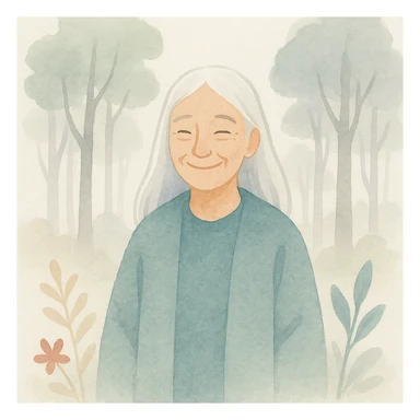 legendary mentor, smiling elderly woman with long silver hair, in an enchanted forest, watercolor style sticker