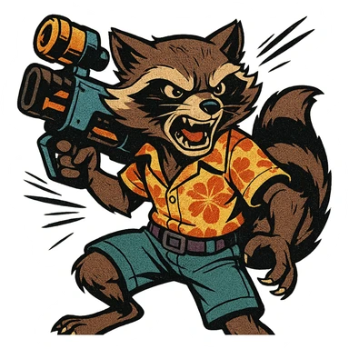 Rocket Raccoon Marvel Rivals summer skin, comic book style, angry expression, transparent background sticker