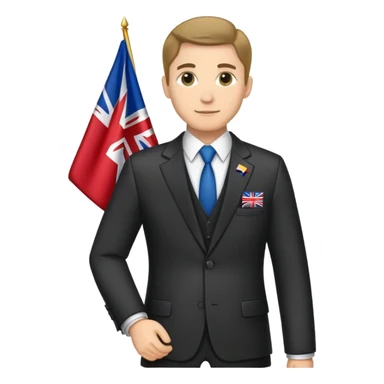 A diplomat in a formal suit with a briefcase and flag pin on lapel sticker