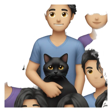 Long haired Asian man holding black cat sticker