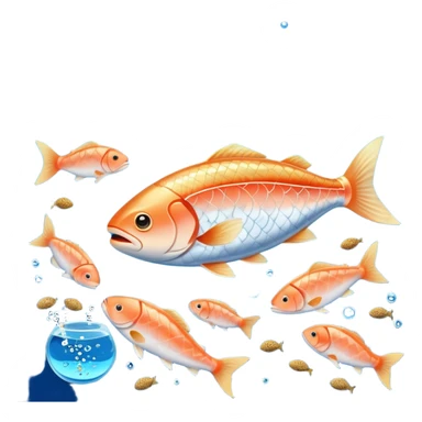Golden omega-3 capsule floating in blue liquid currents, with salmon fillets, walnuts, chia seeds, and flaxseeds orbiting alongside an ethereal fish near a radiant brain. Blue waves expand from the brain, showing the mental clarity and emotional benefits of omega-3 rich foods. sticker