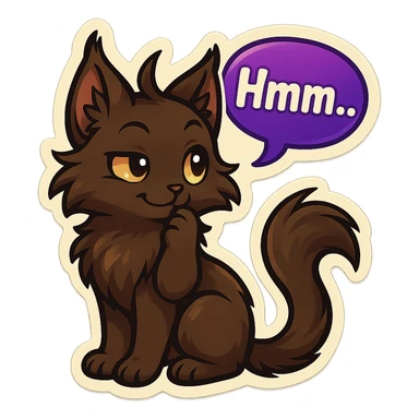 a dark-brown fluffy cute kawaii anime cat with tufted ears and a long thin tufted tail, thinking, smirking thoughtfully, saying “Hmm..” with a purple speech bubble, (cartoon style) (furry style) (deviantArt style) (artist style: Kamirah) sticker