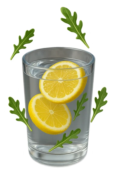 emoji stile iphone 3d di un bicchiere di acqua con limone e qualche foglia di rucola che fluttua intorno in aria, iperrealistico 4k sticker