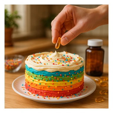 realistic style, joyful atmosphere, hand adding a dietary supplement capsule on a colorful cake, detailed, home kitchen sticker