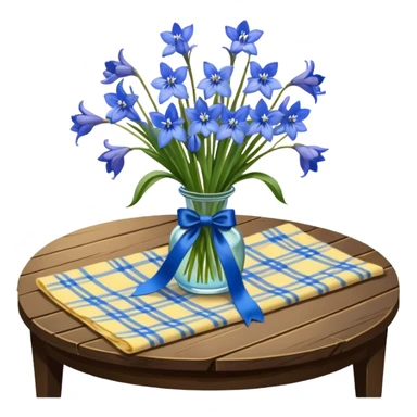 A lush bouquet of bright blue color bluebell black satin ribbon, resting on an antique wooden table, with a pale yellow and pink plaid pattern table cloth sticker