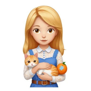 A very beautiful girl with honey-blond hair and kind eyes. She has medium-length hair, is wearing a white lace blouse, blue pants, and a brown belt, and is holding an orange cat.
 sticker