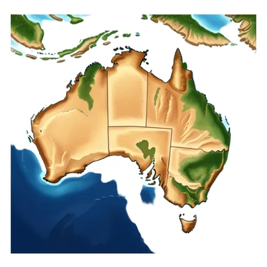 Outline and Landmass of Australia – Cinematic-realistic map of Australia, featuring its distinct coastline and iconic landmass shape. The deep blue ocean surrounds the golden-brown continent, with subtle topographic details highlighting its vast deserts, lush forests, and rugged coastline. A soft glow accentuates the edges, making the shape unmistakable. sticker