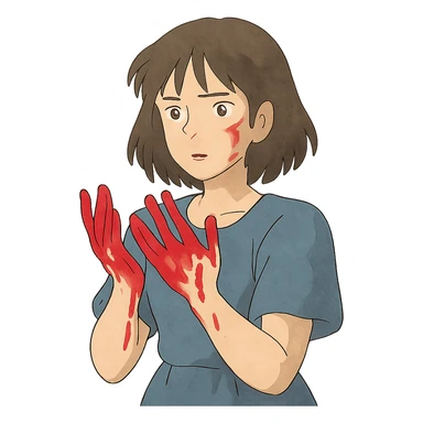 ghibli style illustration of a woman with blood on her hands sticker