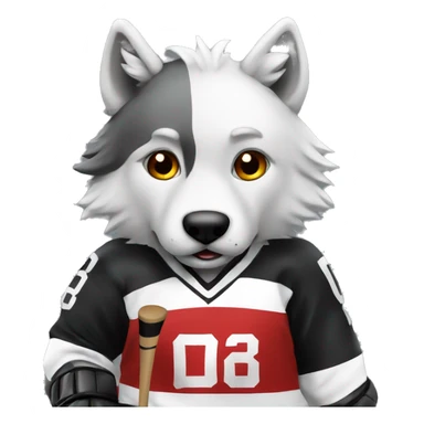 The wolf plays hockey in a black white and red uniform sticker
