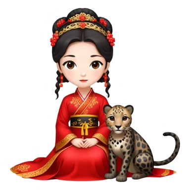 A beautiful girl in red Hanfu wedding dress sits on the ground holding a black leopard sticker