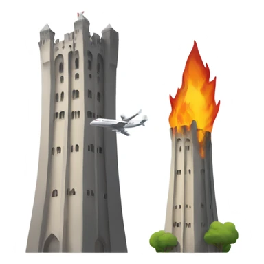 Two towers with plane and fire sticker
