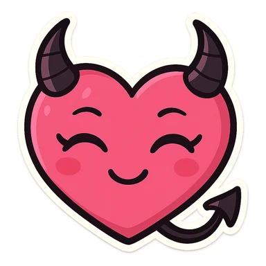 devil emoji, chibi style, hot pink and black colors, heart-shaped face, elegant horns, playful smile, modern aesthetic sticker