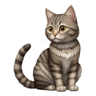 cinematic-[grey brown tabby cat]-realistic-full-body-sitting-emoji,-tail-curled-playfully-around-its-paws,-head-tilted-dramatically,-scruffy-[grey]-fur,-simplified-yet-realistic-focused-features,-highly-detailed,-glowing-with-an-almost-sarcastic-glow sticker
