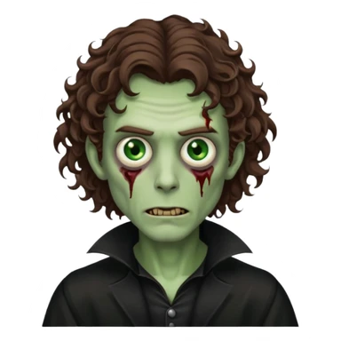 long curly haired male zombie with brown hair color and green eye color, with dark vampire clothes sticker
