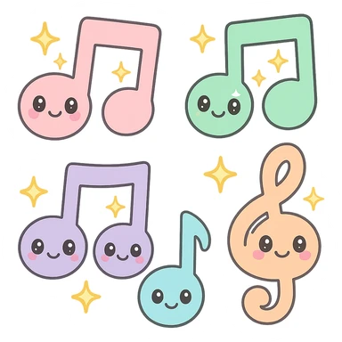 Add sparkling effects to the colorful music notes, keep the kawaii style, cute faces, pastel colors. sticker