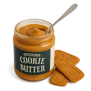 speculoos cookie butter in a jar, creamy texture, with a spoon, next to speculoos cookies, white background sticker