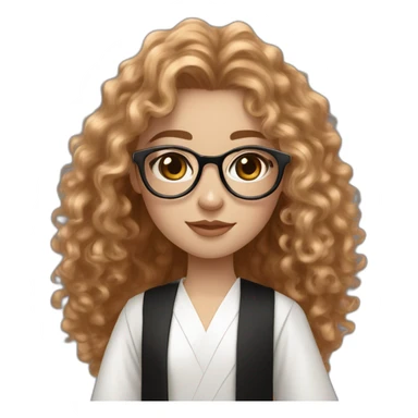 British white skin teenage girl very long curly flax hair amber eyes rose gold round glasses white shirt black robe sticker